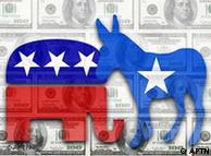 graphic showing republican elephant and democrat donkey with dollar bills
