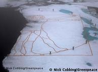 Arial view of The Melting Vitruvian Man in copper on ice in the Arctic
