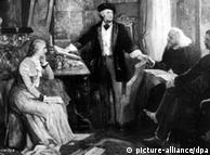 Der deutsche Komponist Richard Wagner (M) mit seiner Frau Cosima, seinem Schwiegervater Franz Liszt (2.v.r.) und Heinrich von Stein, dem Erzieher S. Wagners, auf einem Gemälde von W. Beckmann. Richard Wagner vereinte seine Opern 