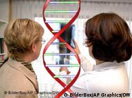 A doctor and patient examine a DNA molecule