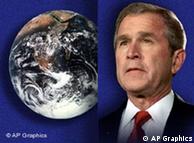 George W. Bush headshot over earth from space, with red striped banner on                                                            blue, partial graphic 
