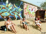 Girls sunbathing at a beach bar near the remains of the Berlin Wall