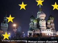 Photomontage of St. Basil's Cathedral in Moscow and yellow stars from the  EU flag