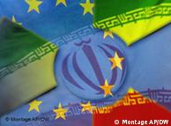 a montage of the EU and Iranian flags with an atomic symbol