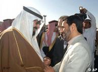 Iranian President Mahmoud Ahmadinejad, center-right, is greeted by Saudi Arabia's King Abdullah