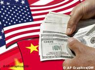 Vor dem Hintergrund der US-amerikanischen und chinesischen Flaggen zählt eine Hand Dollarscheine (Quelle: AP/DW)