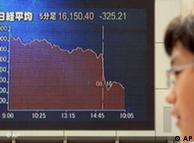 Un peaton mira una pantalla que muestra la caída libre del índice Nikkei japonés, que perdió más de 300 puntos en la jornada de este jueves.  