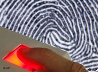 A montage of a finger being scanned on top of an enlarged image of a fingerprint