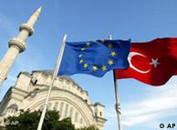 An EU and a Turkish flag in front of a mosque