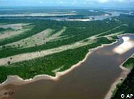 Vista aérea de uno de los ríos que fluyen en el Amazonas.  