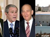 Mahmoud Abbas, George W. Bush, Ehud Olmert and pictures of the US Naval Academy in Annapolis