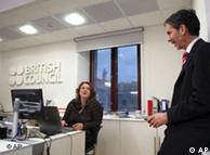 James Kennedy, head of the British Council and head of the St. Petersburg branch Paula Medovnikov, left, speak in the St. Petersburg office on Monday