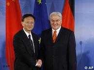 Germany's foreign minister Frank-Walter Steinmeier (right) greets his Chinese counterpart Yang Jiechi in Berlin in January 2008