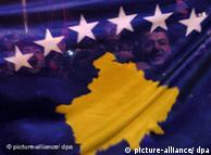 The new Kosovo flag with six white stars on a dark blue background and the province embossed in yellow