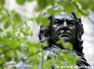 Durch die grünen Blätter eines Baumes sieht man den Kopf der Bach-Statue