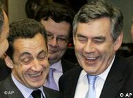 Sarkozy shares a laugh with Brown during an EU summit in Brussels on Dec. 14, 2007