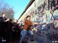 A West Berliner swings a sledgehammer, trying to destroy the Berlin Wall near Potsdamer Platz, Nov. 12, 1989. On November 9, 1989 stunned East German border guards watched helplessly as jubilant Germans danced on the Berlin Wall. Thousands crossed the border to experience long-forbidden freedoms and riches on that memorable night, which marked the downfall of the East German communist regime. (AP Photo/John GAPS III)