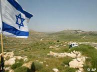 Israeli flag over West Bank countryside 