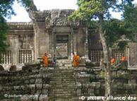 Monks gather at the Preah Vihear temple on the border between Cambodia and Thailand.