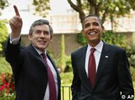 Senator Barack Obama with embattled British Prime Minister Gordon Brown in the garden of Number 10 Downing Street 