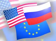 Flags of the USA, Russia and the EU 