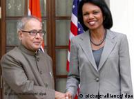 Indian External Affairs Minister Pranab Mukherjee with former US Secretary of State Condoleezza Rice 