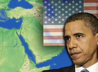 A map of the Middle East with a portrait of Barack Obama