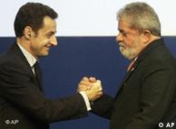 Brazil's President Luiz Inacio Lula da Silva, right, and French President Nicolas Sarkozy