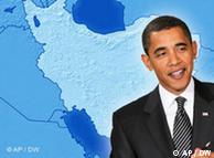 US President Barack Obama stands in front of a map showing Iran