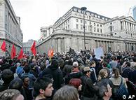 Protesters gathered outside the Bank of England in the City of London