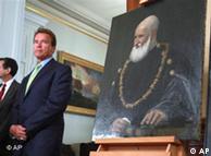 Arnold Schwarzenegger stands with a Renaissance painting