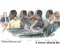 A court 
artist impression of the five suspected Somali pirates