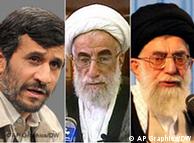 Обличчя режиму: президент Ахмадінеджад (ліворуч), голова  Ради стражів революції Дженнаті, Верховний керівник Аятолла Хаменеї. 