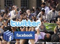 Protestors with Twitter and Facebook symbols superimposed