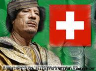 Muammar al-Gaddafi, Libyische Flagge, Schweizer Flagge, Schweizer Franken. Montage: Florian Görner, Juni 2009