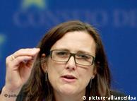 Swedish EU Affairs Minister Cecilia Malmstrom during a news conference 