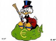Donald Duck sits on a bag of money