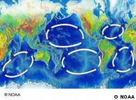 A map showing five of the earth's major ocean-wide gyres