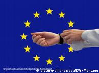 Banker's outstretched hands superimposed over the EU flag