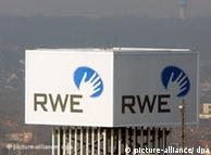 A rotating cube depicting the logo of German utility company RWE in Essen