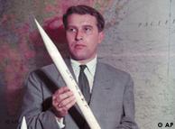 Space pioneer Wernher v. Braun pictured with Jupiter C rocket