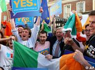 Supporters of the Lisbon Treaty react outside Dublin Castle
