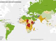 Mapa del Índice Mundial del Hambre 2009, de Agro Acción Alemana. Los colores van de verde (menor hambre) a rojo (hambre extrema). Los países industrializados no están incluidos.