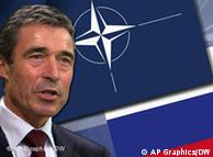 Rasmussen in front of a montage of the NATO and Russian flags