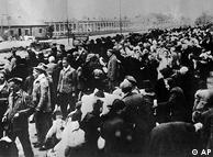 Prisoners lined up for deportation to the Auschwitz concentration camp