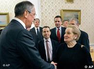 Madeleine Albright shakes hands with Sergey Lavrov,  at the Foreign Ministry headquarters in Moscow in February 2010