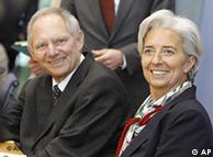 France's Finance Minister Christine Lagarde, right, and and German Finance Minister Wolfgang Schaeuble, left, arrive at a news conference after the weekly German cabinet meeting in Berlin, Wednesday, March 31, 2010. Lagarde attended as guest the weekly German cabinet meeting.(AP Photo/Markus Schreiber)