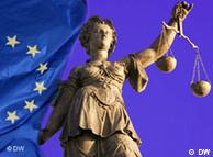 an EU flag and lady justice
