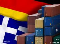 Montage of the German and Greek flags with shipping containers in front of them