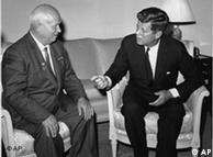 Soviet Premier Nikita Krushchev, left, and U.S. President John F. Kennedy sit in the residence of the U.S. ambassador in Vienna, Austria at the start of their historic talks on June 3, 1961